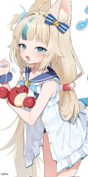 1girl animal_ear_fluff animal_ears blonde_hair blue_eyes blush cat_ears cat_girl child collar crop_top fins fish_girl fish_tail flat_chest frilled_collar frilled_shirt frills highres indie_virtual_youtuber leaning_forward lifebuoy_hair_ornament long_hair looking_at_viewer multico multicolored_hair sameko_saba shirt sleeveless sleeveless_shirt streaked_hair striped_clothes tail twintails two-tone_hair very_long_hair virtual_youtuber