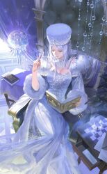 Rule 34 | 1girl, armchair, artist request, book, breasts, bug, butterfly, butterfly on hand, cape, chair, chessboard, cleavage, crystal, curtains, detached sleeves, drawer, dress, erika (shining nikki), feet out of frame, floating, floating object, fur-trimmed cape, fur-trimmed sleeves, fur hat, fur trim, game cg, hair flowing over, hand up, hat, highres, holding, holding book, indoors, insect, lace collar, legs together, lips, long dress, long hair, long sleeves, looking at animal, nikki (series), official art, open book, open drawer, orb, papakha, paper, parted bangs, plant, quran (object), reading, red eyes, shining nikki, sitting, snowflake print, snowy realm (shining nikki), solo, strapless, strapless dress, table, tile floor, tiles, white cape, white dress, white hair, white hat