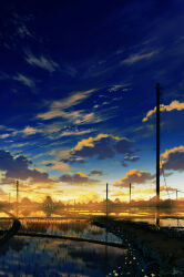 cloud dirt_road evening farm field gradient_sky highres huashijw night night_sky no_humans original outdoors power_lines reflection reflective_water rice_paddy road rural scenery sky utility_pole yellow_sky
