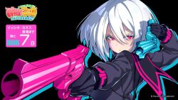 Rule 34 | 1girl, aiming, aiming at viewer, arm behind head, black background, black gloves, black shirt, character name, copyright logo, copyright name, facial mark, from behind, gloves, grey hair, gun, hair between eyes, handgun, holding, holding gun, holding weapon, isshiki chaos, long bangs, looking back, mahjong fight girl, neckerchief, official art, purple neckerchief, red eyes, revolver, sailor collar, shirt, short hair, solo, weapon