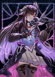 1girl black_hair black_thighhighs blue_sealad closed_eyes colored_inner_hair dress hair_ornament highres holding holding_instrument honkai:_star_rail honkai_(series) hysilens_(honkai:_star_rail) instrument multicolored_hair music playing_instrument purple_hair smile solo thighhighs zettai_ryouiki