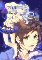 Rule 34 | 1boy, 1girl, adam&#039;s apple, beige sweater, blue eyes, blue jacket, blue skirt, brown hair, eri., floating, floating hair, green eyes, jacket, jewelry, long hair, looking at viewer, necklace, open mouth, silver hair, skirt, smile, space, super robot wars, super robot wars bx, youta hiiragi, yuki hiiragi
