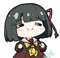1girl =_= absurdres blunt_bangs blunt_ends bob_cut brown_dress c: chibi chibi_only clenched_hands closed_eyes closed_mouth commentary_request dress green_hair happy hasu_no_sora_school_uniform highres link!_like!_love_live! long_sleeves love_live! momose_ginko neckerchief oofushi_ao pleated_dress sailor_collar sailor_dress school_uniform short_hair signature simple_background smile solo split_mouth virtual_youtuber white_background white_sailor_collar winter_uniform yellow_neckerchief