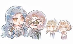 4girls :d blonde_hair blue_eyes blue_hair braid braided_bangs brown_dress brown_hair chibi coat cropped_torso dress dripping_eye furrowed_brow glasses green_eyes grey_coat grey_dress hand_up hands_up hissabeth jacket kiperina looking_to_the_side multiple_girls open_mouth pointer_(reverse:1999) prismagreen red_pupils reverse:1999 round_eyewear short_hair smile snake snake_on_head sweat upper_body white_background white_jacket yellow_eyes yi_zui_hua_yue