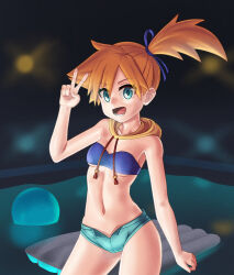 1girl :d asymmetrical_hair bandeau bikini blue_bikini blue_eyes blue_ribbon blush breasts denim denim_shorts els_(ljhlee12) female_focus gen_1_pokemon green_eyes gym_leader hair_ornament hair_ribbon hand_up legs looking_at_viewer lower_teeth_only midriff misty_(pokemon) navel nintendo open_mouth orange_hair pokemon pokemon_(anime) pokemon_(classic_anime) pokemon_rgby ponytail pool ribbon short_hair short_shorts shorts side_ponytail small_breasts smile solo strapless swimsuit teeth thighs tongue underboob v