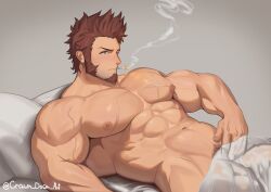 Rule 34 | 1boy, abs, bara, blue eyes, brown hair, cigarette, commentary, crawn down art, cross scar, english commentary, facial hair, fate/grand order, fate (series), goatee, highres, large pectorals, long sideburns, lying, male focus, muscular, muscular male, napoleon bonaparte (fate), navel, nipples, on back, pectorals, scar, scar on chest, short hair, sideburns, simple background, smoking, solo, twitter username, veins, veiny arms