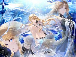 2girls absurdres bare_shoulders black_collar black_dress blonde_hair blue_eyes breasts cartethyia_(wuthering_waves) closed_mouth collar colored_inner_hair commentary_request crown_of_thorns dress earrings fleurdelys_(wuthering_waves) floating_crown high_heels highres horns jewelry jiechen large_breasts long_hair long_horns multicolored_hair multiple_girls multiple_views open_mouth own_hands_clasped own_hands_together pointy_ears single_horn sitting tabard tacet_mark_(wuthering_waves) thighs water white_tabard wuthering_waves yellow_horns