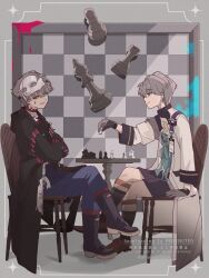 2boys adversarial_noise amanatsu_(amanatu5069) black_boots black_coat black_sclera black_shorts black_socks blood blood_on_face blue_eyes blue_pants board_game boots brown_shoes chess chess_piece chessboard coat colored_sclera crossed_legs dual_persona full_body gloves grey_background grey_gloves grey_hair grin heterochromia highres holding holding_chess_piece id_card king_(chess) legwear_garter looking_at_another looking_at_viewer mask mask_on_head mismatched_sclera multiple_boys official_alternate_costume on_chair pants pawn_(chess) playing_chess profile red_gloves reverse:1999 rook_(chess) round_table shoes short_hair shorts sitting smile socks table watermark white_coat x_(breathing_in_silence)_(reverse:1999) x_(reverse:1999) yellow_eyes