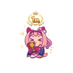 Rule 34 | &gt; &lt;, 1girl, :3, animal ears, blush stickers, bow, buruma, chibi, closed eyes, closed mouth, commentary, ear bow, english commentary, facing viewer, fringe trim, full body, gameplay mechanics, gloves, gym shirt, gym uniform, hairband, haru urara (umamusume), highres, holding, horse ears, horse girl, horse tail, jacket, moko39 takasora, open clothes, open jacket, pink hair, ponytail, red buruma, red gloves, red hairband, shirt, shoes, simple background, solo, standing, tail, trophy, umamusume, v-shaped eyebrows, white background, white bow, white jacket, white shirt, white shoes