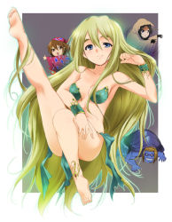 3girls akiyama_mio anklet barbariccia barbariccia_(cosplay) barefoot blonde_hair blue_eyes cagnazzo cagnazzo_(cosplay) chibi cosplay crossover eyebrows final_fantasy final_fantasy_iv hirasawa_yui jewelry k-on! kaiga kotobuki_tsumugi long_hair monster multiple_girls outstretched_leg parody rubicante rubicante_(cosplay) scarmiglione scarmiglione_(cosplay) tainaka_ritsu very_long_hair