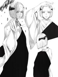 1other bake_ryori bangs_pinned_back blunt_bangs claws closed_mouth debris fingernails greyscale highres jujutsu_kaisen long_fingers monochrome multicolored_hair multiple_views parted_lips sharp_fingernails short_hair simple_background uraume_(jujutsu_kaisen) white_background