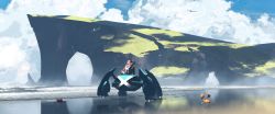 absurdres asteroid_ill bad_id bad_twitter_id blue_sky cloud cloudy_sky day from_behind gen_1_pokemon gen_3_pokemon gen_7_pokemon highres krabby landscape metagross nintendo outdoors pokemon pokemon_(creature) ponytail pyukumuku reflection riding riding_pokemon scenery sitting sky walking wingull