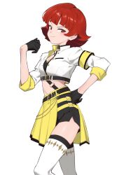 1girl armband belt belt_collar black_collar blunt_bangs breasts chain cleavage collar cropped_jacket eyelashes flipped_hair gloves half-skirt half_gloves hand_on_own_hip highres idolmaster idolmaster_million_live! idolmaster_million_live!_theater_days jacket layered_skirt light_blush looking_at_viewer midriff navel nonohara_akane palmar_flexion pencil_skirt popped_collar red_eyes red_hair short_hair skirt smile solo thighhighs v-shaped_eyebrows white_background white_jacket white_thighhighs yabukara yellow_armband yellow_skirt
