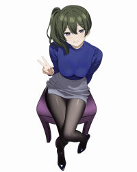 1girl absurdres arm_behind_back black_pantyhose black_shoes breasts commentary_request contemporary dated_commentary double-parted_bangs foreshortening from_above full_body green_hair grey_skirt grin hair_between_eyes hair_over_shoulder hand_up highres jmx_(j_m_x) large_breasts long_bangs long_hair long_sleeves looking_at_viewer looking_up on_bench pantyhose parted_lips purple_eyes purple_sweater shoes side_ponytail simple_background sitting skirt smile solo sousou_no_frieren sweater sweater_tucked_in ubel_(sousou_no_frieren) v white_background