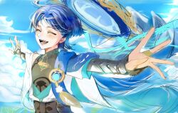 1boy armor black_bodysuit black_bow black_bridal_gauntlets black_mouth blue_cape blue_gemstone blue_hair blue_hat blue_kimono blue_sky blue_sleeves blunt_ends bodysuit bow bridal_gauntlets cape closed_eyes cloud cloudy_sky colored_inner_hair eyeliner eyeshadow facing_to_the_side feathers furisode gem genshin_impact gold gold_ring gunocha hair_intakes han&#039;eri hat highres japanese_armor japanese_clothes jingasa kimono kote kurokote layered_kimono layered_sleeves makeup male_focus mandarin_collar middle_ring multicolored_hair open_clothes open_hands open_kimono open_mouth outstretched_arms pom_pom_(clothes) red_eyeliner red_eyeshadow scaramouche_(genshin_impact) short_sleeves shoulder_peek sketch sky solo spread_arms teeth three_quarter_view unworn_hat unworn_headwear wanderer_(genshin_impact) white_kimono white_sleeves white_trim wispy_bangs yellow_feathers