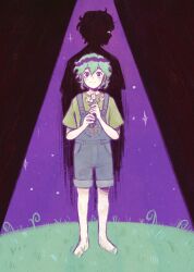 Rule 34 | 1boy, alternate eye color, barefoot, basil (headspace) (omori), basil (omori), black eyes, blue overalls, blush, closed mouth, colored skin, flower, green hair, green shirt, head wreath, highres, holding, holding flower, looking at viewer, omori, ottie pops, overall shorts, overalls, shirt, short hair, short sleeves, smile, solo, t-shirt, tulip, white flower, white skin, white tulip