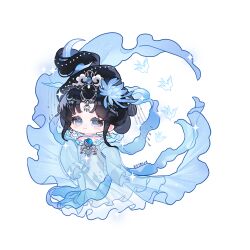 Rule 34 | 1girl, bare shoulders, bird, black hair, blue eyes, blue flower, blue gemstone, blue hanfu, character request, chest jewel, chibi, chinese clothes, chinese commentary, chinese hairpin, circlet, closed mouth, colored eyelashes, commentary request, crescent, eeeestella, flower, gem, hagoromo, hair flower, hair ornament, hanfu, happy, high ponytail, highres, light blush, long sleeves, looking at viewer, lotus, nikki (series), off shoulder, parted bangs, ponytail, shawl, shining nikki, short hair, short hair with long locks, sidelocks, signature, simple background, sleeves past fingers, sleeves past wrists, smile, solo, sparkle, sparkling eyes, standing, swallow (bird), tareme, updo, white background, wide sleeves