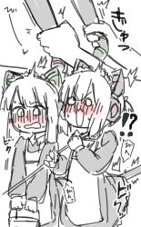 !? 1other 2girls ^^^ absurdres animal_ear_headphones animal_ears apron black_dress black_tail blue_archive blunt_bangs blush bucket cat_ear_headphones cat_ears cat_tail collared_dress commentary_request cut-in dress embarrassed fake_animal_ears fake_tail frilled_dress frills grabbing_another&#039;s_tail greyscale hands_up headphones highres holding holding_bucket kuragesensei long_sleeves maid maid_apron maid_headdress medium_hair midori_(blue_archive) midori_(maid)_(blue_archive) momoi_(blue_archive) momoi_(maid)_(blue_archive) monochrome multiple_girls no_halo nose_blush o_o official_alternate_costume official_alternate_hairstyle open_mouth puffy_long_sleeves puffy_sleeves siblings sidelocks simple_background sisters sketch spot_color surprised sweat tail tail_grab translation_request twins twintails upper_body v-shaped_eyebrows wavy_mouth white_apron white_background white_hair