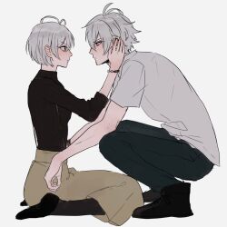 1boy 1girl ankle_boots antenna_hair aohitsugi_nemu aohitsugi_samatoki bead_bracelet beads black_shoes black_sweater bob_cut boots bracelet breasts brother_and_sister brown_skirt collared_shirt denim elbows_on_knees eye_contact eyelashes face-to-face from_side full_body hair_between_eyes hands_on_another&#039;s_face highres hypnosis_mic jeans jewelry light_blush loafers long_skirt looking_at_another ma male_focus medium_breasts pants pantyhose profile red_eyes ribbed_sweater serious shirt shoes short_hair short_sleeves siblings simple_background sitting skirt squatting suspender_skirt suspenders sweater three-quarter_sleeves turtleneck v-shaped_eyebrows wariza white_background white_hair white_shirt zy_(dondokodo-mu)