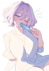 1girl blue_eyes blue_hair blush breasts collarbone earrings food food_in_mouth garasuno hair_between_eyes highres ice_cream jewelry large_breasts letty_whiterock long_shirt medium_hair one_eye_closed shirt short_sleeves solo sweat sweatdrop thighs touhou wet wet_clothes wet_shirt white_background white_shirt