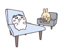 :3 animal_focus blush_stickers cat chair chibi chibi_only chiikawa clipboard commentary crying crying_cat_(meme) crying_with_eyes_open english_commentary hachiware_(chiikawa) highres holding holding_clipboard meme no_humans open_mouth pleading_eyes rabbit simple_background sitting soyjozen tears therapy usagi-san white_background