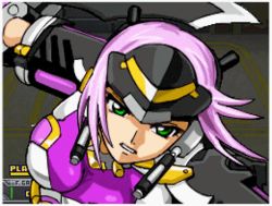 1boy 1girl animated animated_gif armor attack banpresto bodysuit breasts clenched_hand fighting_stance gauntlets green_eyes helmet impossible_clothes kaldia_basirissa lowres midriff pink_hair short_hair solo_focus super_robot_wars super_robot_wars_og_saga_mugen_no_frontier super_robot_wars_og_saga_mugen_no_frontier_exceed sword weapon