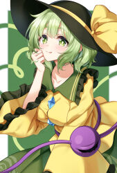 Rule 34 | 1girl, :p, black hat, blush, border, breasts, bright pupils, buttons, collarbone, diamond button, east01 06, frilled sailor collar, frilled sleeves, frills, green eyes, green hair, green sailor collar, green skirt, hat, koishi day, komeiji koishi, long sleeves, looking at viewer, medium breasts, sailor collar, shirt, short hair, skirt, smile, solo, third eye, tongue, tongue out, touhou, white border, white pupils, yellow shirt
