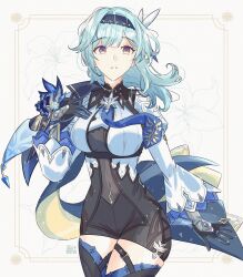 1girl absurdres black_gloves black_hairband black_thighhighs blue_cape blue_hair blue_necktie bodystocking breasts cape commentary covered_navel cowboy_shot cryo_symbol_(genshin_impact) eula_(genshin_impact) flower genshin_impact gloves hair_ornament hairband high-waist_shorts highres juliet_sleeves long_sleeves looking_at_viewer medium_breasts medium_hair meisaki necktie parted_lips puffy_sleeves purple_eyes short_hair shorts solo thighhighs vision_(genshin_impact)