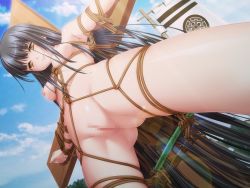 1girl anim_(company) bdsm black_hair bondage bound breast_bondage breasts censored closed_mouth crucifixion female_focus game_cg humiliation kiryuu_sakuya_(niehime) light_rays long_hair looking_at_viewer niehime_-sengoku_kanraku_emaki- nipples nude solo spread_legs sunbeam sunlight teeta_j very_long_hair yellow_eyes