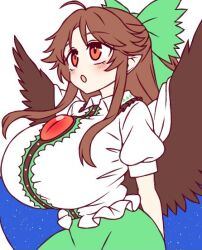 1girl :o ahoge arms_behind_back blush bow breasts brown_hair brown_wings cape collared_shirt commentary cowboy_shot feathered_wings frilled_shirt frills green_bow green_skirt hair_bow huge_breasts impossible_clothes impossible_shirt ketsumaimo long_hair looking_afar open_mouth orange_eyes pointy_ears print_cape puffy_short_sleeves puffy_sleeves reiuji_utsuho shirt short_sleeves sidelocks simple_background skirt solo starry_sky_print third_eye touhou two-sided_cape two-sided_fabric white_background white_cape white_shirt wings
