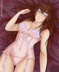 Rule 34 | 1girl, blue eyes, breasts, brown hair, cleavage, commentary, commission, covered navel, english commentary, garter straps, highres, leotard, long hair, medium breasts, original, second-party source, signature, sintastein, solo, strapless, strapless leotard, thigh gap, white leotard
