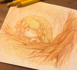 animal_focus art_tools_in_frame closed_mouth colored_pencil_(medium) dot_mouth flower gen_4_pokemon grass green_eyes highres legendary_pokemon looking_to_the_side mythical_pokemon neverland+ nintendo no_humans outdoors pencil photo_(medium) pink_flower pokemon pokemon_(creature) shaymin shaymin_(land) sketch solo traditional_media tree