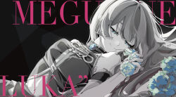 13165075695 1girl absurdres aqua_eyes bare_shoulders black_background character_name commentary flower half-closed_eyes headphones highres holding holding_flower long_hair looking_at_object megurine_luka mindscape_cinema_(zenless_zone_zero) navel shoulder_tattoo smile solo spot_color symbol-only_commentary tattoo vocaloid