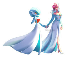 2girls alternate_color artist_name blue_hair blue_skin bob_cut colored_skin cosplay dress gardevoir gardevoir_(cosplay) gen_3_pokemon high_heels highres holding_hands multicolored_hair multicolored_skin multiple_girls nail_polish nintendo ohsweetsweetie pokemon pokemon_(creature) shiny_pokemon two-tone_skin white_dress white_skin