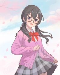 1girl black_hair bow cardigan center-flap_bangs collared_shirt glasses hairband langbika noge_tomoko open_mouth persona persona_5 persona_5:_the_phantom_x pink_cardigan plaid_clothes plaid_skirt purple_eyes red_bow school_uniform shirt skirt smile solo twintails