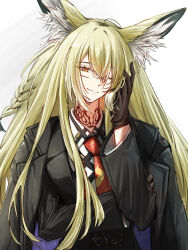 Rule 34 | 1girl, absurdres, animal ear fluff, arknights, black coat, black gloves, black jacket, blonde hair, cheddar n, coat, coat on shoulders, fox girl, fox tail, gloves, hair between eyes, hand on own cheek, hand on own face, highres, holding own arm, jacket, long hair, looking at viewer, neck tattoo, necktie, one eye closed, red necktie, shirt, sidelocks, solo, tail, tattoo, upper body, vulpisfoglia (arknights), white shirt, yellow eyes