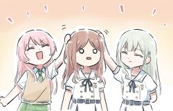 3girls bang_dream! bang_dream!_it&#039;s_mygo!!!!! belt blue_belt blue_ribbon blush brown_hair brown_sweater_vest chihaya_anon closed_eyes collared_shirt commentary_request dress fang green_hair green_necktie green_skirt haneoka_school_uniform headpat long_hair lyy mortis_(bang_dream!) mortis_(persona)_(bang_dream!) multiple_girls nagasaki_soyo neck_ribbon necktie open_mouth pink_hair plaid_clothes plaid_skirt puffy_short_sleeves puffy_sleeves ribbon school_uniform shirt short_sleeves skirt sweater_vest tsukinomori_school_uniform wakaba_mutsumi white_dress white_shirt