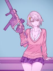 Rule 34 | 1girl, absurdres, black gloves, breasts, cimol95, cleavage, collarbone, collared shirt, commentary, cowboy shot, cup, extended magazine, girls&#039; frontline, girls&#039; frontline 2: exilium, gloves, green background, grey hair, gun, highres, holding, holding cup, ibispaint (medium), kriss vector, long sleeves, looking at viewer, miniskirt, orange sweater, osprey 45, pleated skirt, polygonal suppressor, shirt, short hair, single glove, skirt, solo, submachine gun, suppressor, sweater, twitter username, vector (girls&#039; frontline), weapon, white shirt, yellow eyes