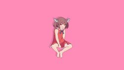 1girl animated animated_gif barefoot between_legs blinking blush brown_hair character_request clothes_lift dress dress_lift feet female_focus flashing hand_between_legs legs lifting_own_clothes loli looking_at_viewer looping_animation open_mouth panties panty_peek pink_background pixel_art red_dress red_eyes short_hair sitting smile solo sotie swinging_legs toes underwear