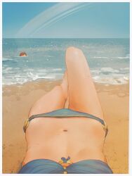 Rule 34 | 1girl, absurdres, barefoot, beach, bikini, blue bikini, blue sky, breasts, groin, highres, lower body, medium breasts, navel, ocean, original, sky, spindle (aidenr0), swimsuit, thighs