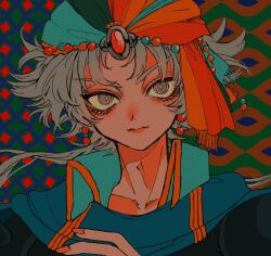 1boy beads earrings eyelashes film_grain final_fantasy final_fantasy_ii fingernails firion floating_hair gem grey_eyes grey_hair head_tilt headscarf highres jewelry long_hair looking_at_viewer male_focus multicolored_headscarf nayo_(kr_000515) orange_nails portrait red_gemstone solo