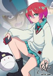 Rule 34 | 1girl, amate yuzuriha, aqua eyes, boots, dress, gundam, gundam gquuuuuux, gundam seed, hair between eyes, haro, highres, holding, kira yamato, necktie, pleated dress, red hair, school uniform, short hair, sitting, solo focus, sweater