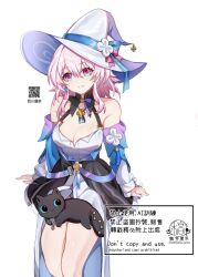 animalization bare_shoulders black_skirt blue_eyes blue_jacket breasts cat cleavage dan_heng_(honkai:_star_rail) dress hat honkai:_star_rail honkai_(series) jacket looking_at_viewer march_7th_(honkai:_star_rail) multicolored_eyes nishikawayuna off-shoulder_jacket off_shoulder pink_hair qr_code simple_background skirt watermark white_background white_dress white_hat witch_hat