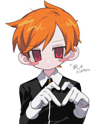 1boy black_shirt claus_(mother_3) collared_shirt expressionless gloves heart heart_hands highres male_focus masked_man_(mother_3) mi_(33tb) mother_(series) mother_3 nintendo no_pupils orange_hair red_eyes shirt short_hair swept_bangs upper_body white_background white_gloves white_wrist_cuffs wrist_cuffs zipper