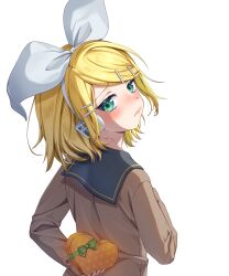 Rule 34 | 1girl, absurdres, black sailor collar, blonde hair, blush, bow, box, brown shirt, closed mouth, embarrassed, from behind, green eyes, hair bow, hair ornament, hairclip, headset, heart-shaped box, highres, holding, holding box, inu8neko, kagamine rin, light frown, long sleeves, looking at viewer, looking back, nose blush, parallel hairclips, pink lips, sailor collar, school uniform, shirt, short hair, solo, valentine, vocaloid, white bow
