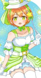 Rule 34 | 1girl, :d, blue background, blush, collarbone, commentary, cowboy shot, dancing stars on me!, detached sleeves, dress, frilled gloves, frills, gloves, green eyes, hair ornament, hat, highres, holding, holding wand, hoshizora rin, looking at viewer, love live!, love live! school idol project, official alternate costume, open mouth, orange hair, puffy short sleeves, puffy sleeves, sa(bannane)k, short dress, short sleeves, sleeveless, sleeveless dress, smile, solo, star (symbol), star symbol background, star wand, thighhighs, wand, white gloves, white hat, white thighhighs, x hair ornament, zettai ryouiki