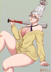 1girl arm_support ayase_seiko baseball_bat bluesky_username breasts brown_eyes cardigan chromatic_aberration cigarette cleavage commentary dandadan english_commentary glasses grey_hair highres holding holding_baseball_bat instagram_username invisible_chair large_breasts linea.ani.inc off_shoulder semi-rimless_eyewear sitting smoking solo twitter_username under-rim_eyewear yellow_cardigan
