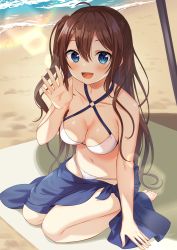 1girl :d bare_arms bare_shoulders barefoot beach bikini blue_eyes blush breasts brown_hair cleavage collarbone commentary_request day hair_between_eyes hand_up highres lens_flare long_hair looking_at_viewer medium_breasts navel o-ring o-ring_bikini o-ring_top one_side_up open_mouth original outdoors sand sarong smile solo swimsuit very_long_hair water white_bikini yuusa