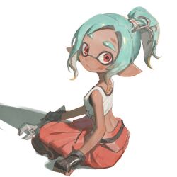 1girl biahnyang black_bra black_gloves black_shoes blue_hair bra bra_peek breasts closed_mouth crop_top dark-skinned_female dark_skin dirty dirty_face fingerless_gloves full_body gloves highres holding holding_wrench inkling inkling_girl inkling_player_character looking_at_viewer mechanic_(splatoon_raiders) midriff nintendo orange_eyes orange_pants pants parted_bangs pointy_ears shirt shoes sitting small_breasts solo splatoon_(series) splatoon_raiders tentacle_hair underwear white_shirt wrench