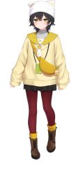 1girl amashiro_natsuki animal_ear_headwear black_hair blush boots brown_boots charm_(object) closed_mouth fake_animal_ears full_body grey_shirt hair_between_eyes hat highres kaminoyama_an official_art onsen_musume pantyhose red_pantyhose shirt short_hair simple_background smile solo standing transparent_background white_hat yellow_bag yellow_eyes